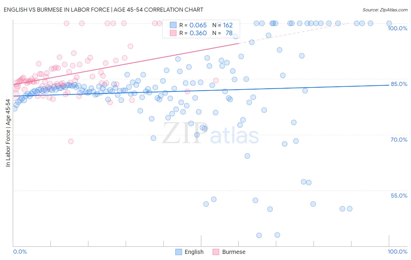 English vs Burmese In Labor Force | Age 45-54
