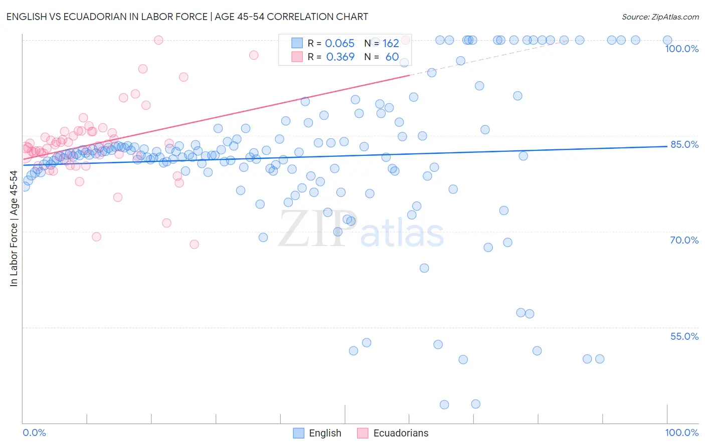 English vs Ecuadorian In Labor Force | Age 45-54