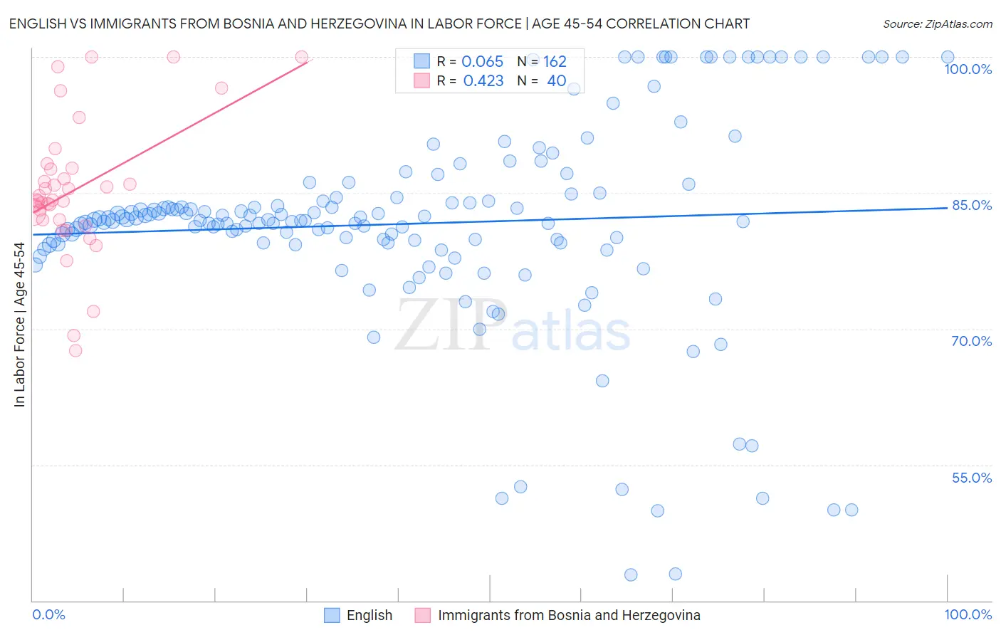 English vs Immigrants from Bosnia and Herzegovina In Labor Force | Age 45-54