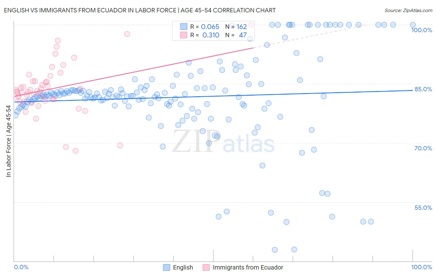 English vs Immigrants from Ecuador In Labor Force | Age 45-54