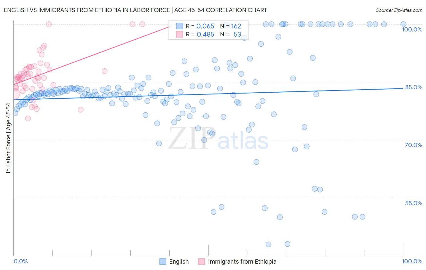 English vs Immigrants from Ethiopia In Labor Force | Age 45-54