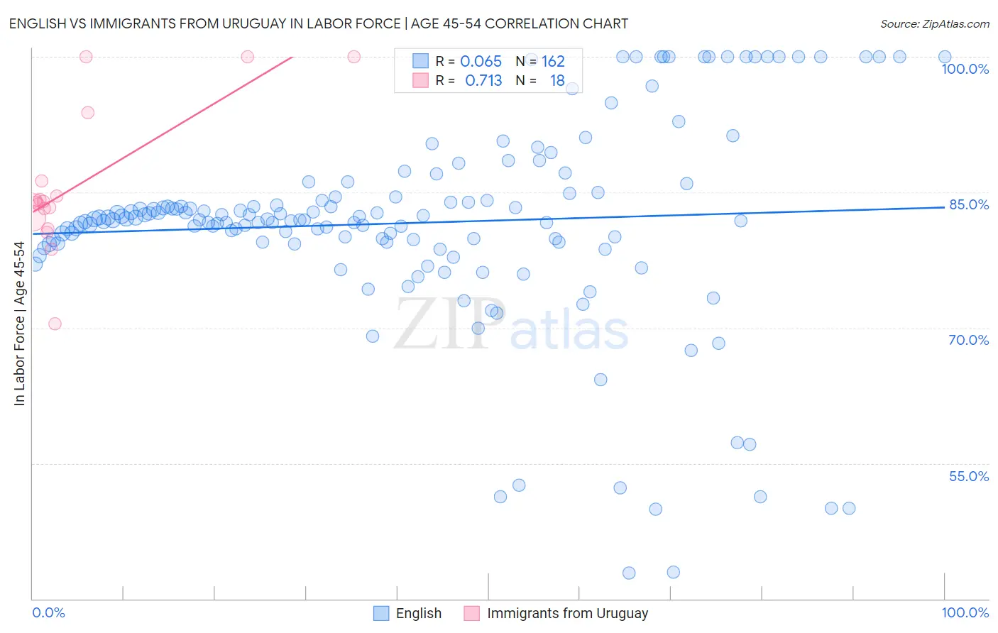 English vs Immigrants from Uruguay In Labor Force | Age 45-54