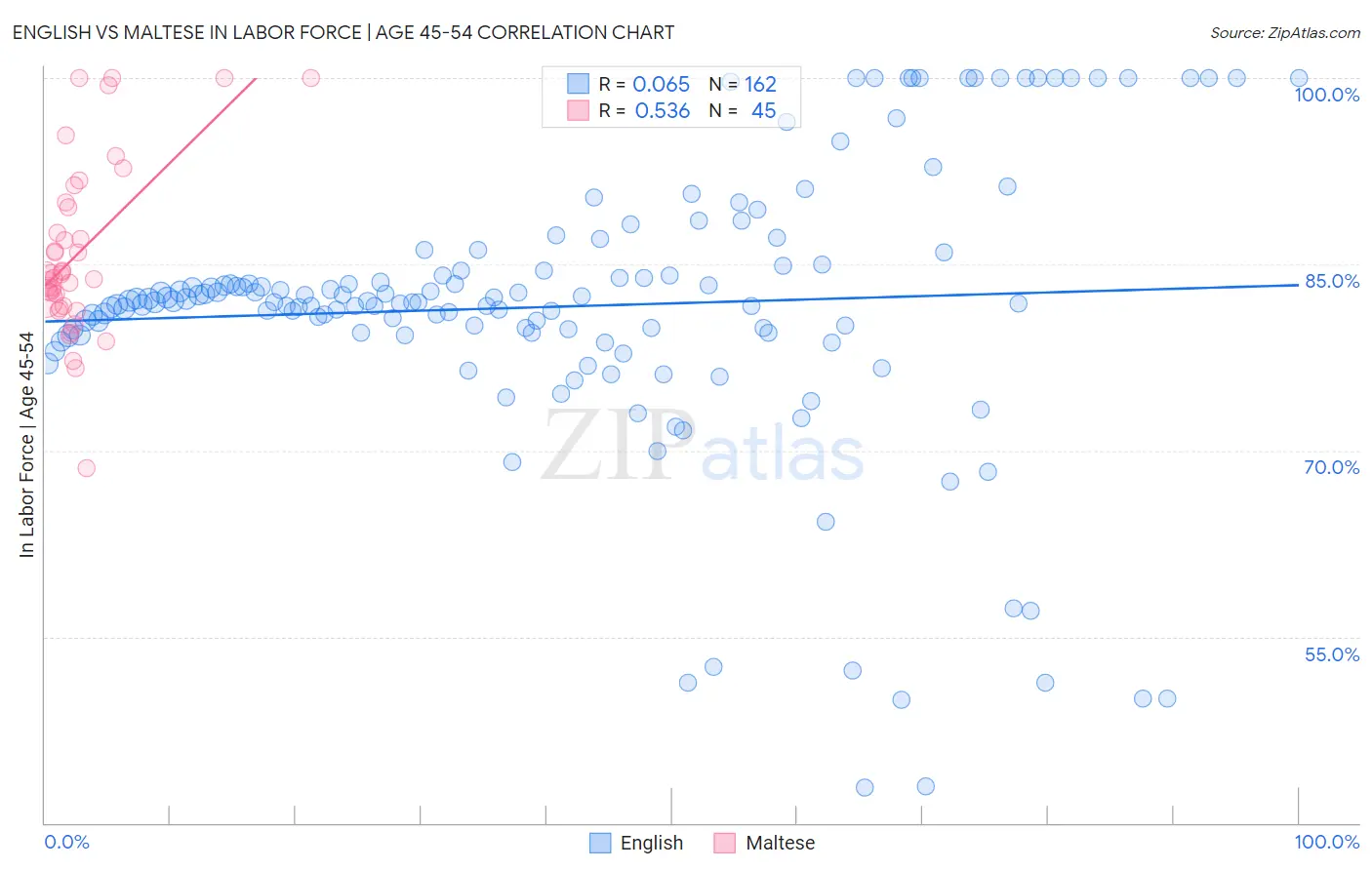 English vs Maltese In Labor Force | Age 45-54