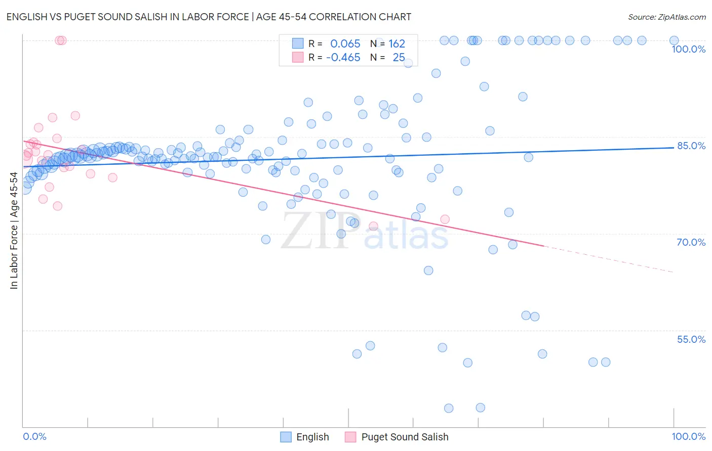 English vs Puget Sound Salish In Labor Force | Age 45-54