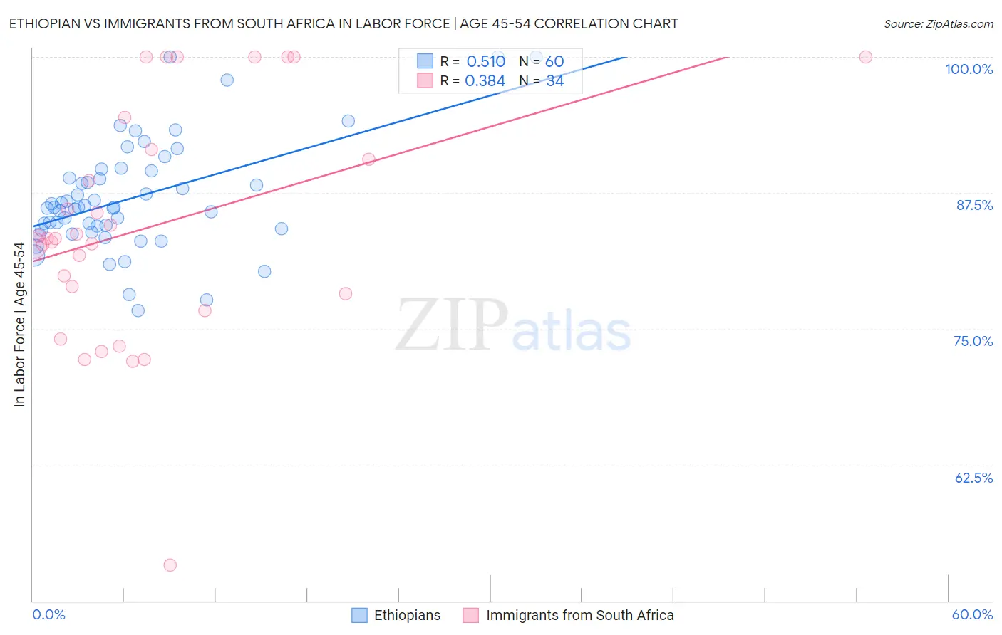 Ethiopian vs Immigrants from South Africa In Labor Force | Age 45-54