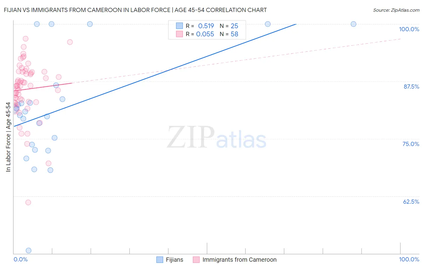 Fijian vs Immigrants from Cameroon In Labor Force | Age 45-54