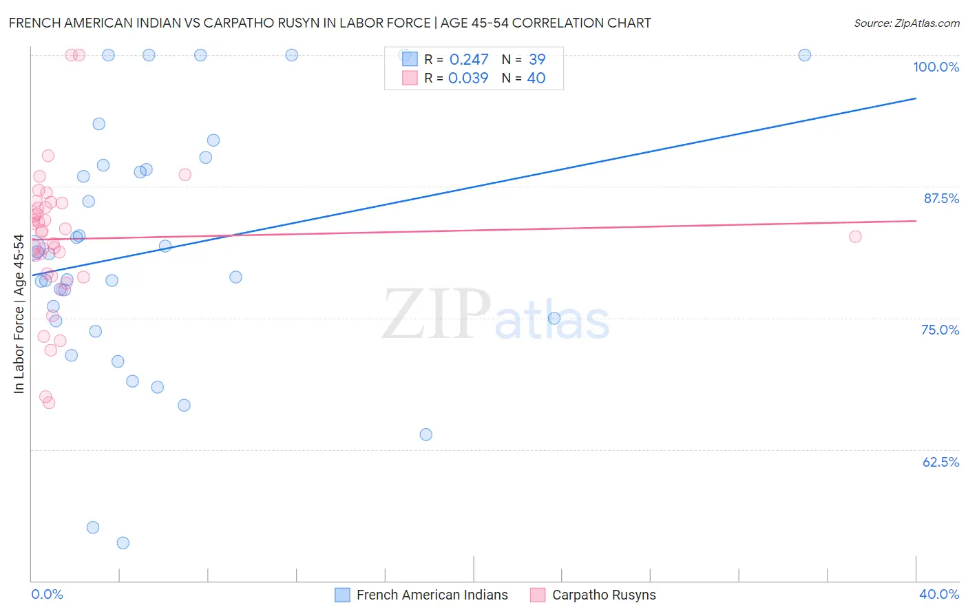 French American Indian vs Carpatho Rusyn In Labor Force | Age 45-54