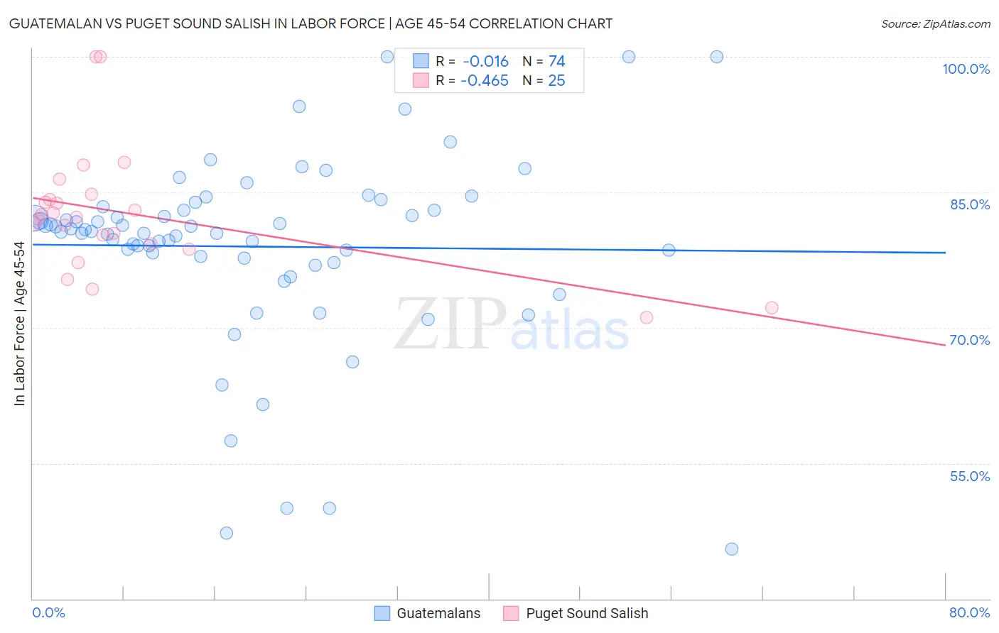 Guatemalan vs Puget Sound Salish In Labor Force | Age 45-54