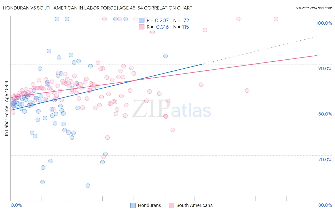 Honduran vs South American In Labor Force | Age 45-54