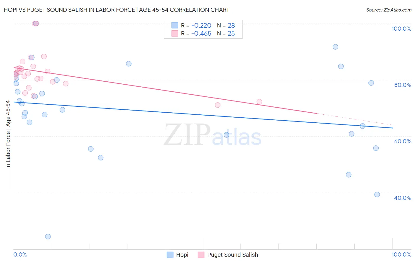 Hopi vs Puget Sound Salish In Labor Force | Age 45-54