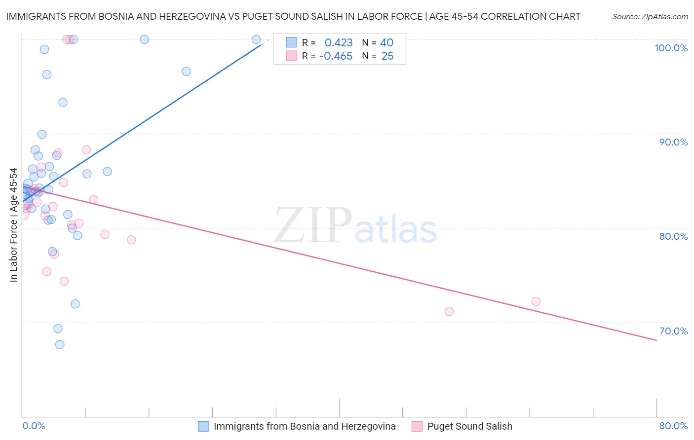 Immigrants from Bosnia and Herzegovina vs Puget Sound Salish In Labor Force | Age 45-54