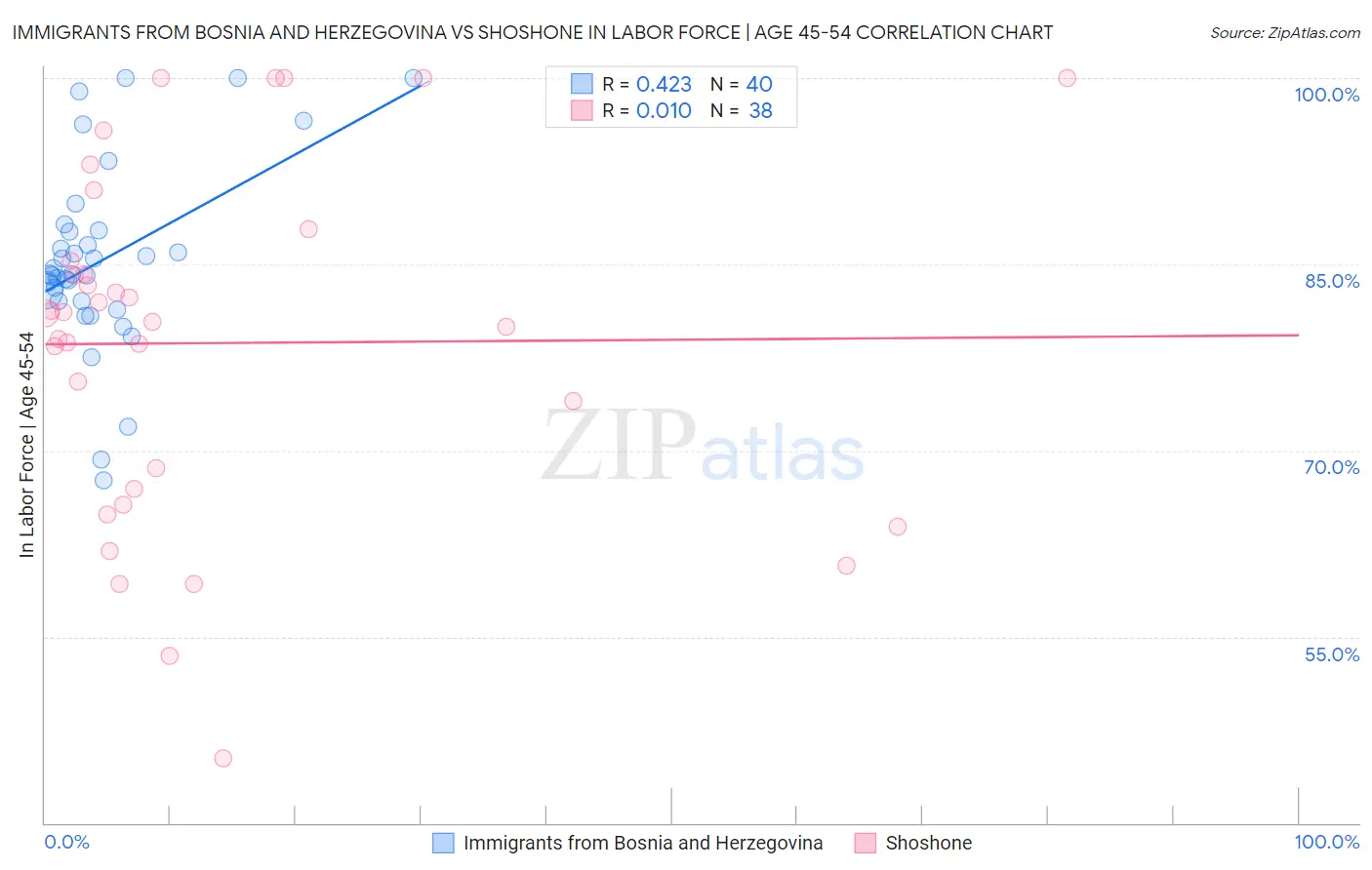Immigrants from Bosnia and Herzegovina vs Shoshone In Labor Force | Age 45-54