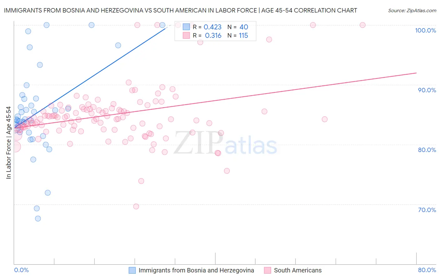 Immigrants from Bosnia and Herzegovina vs South American In Labor Force | Age 45-54