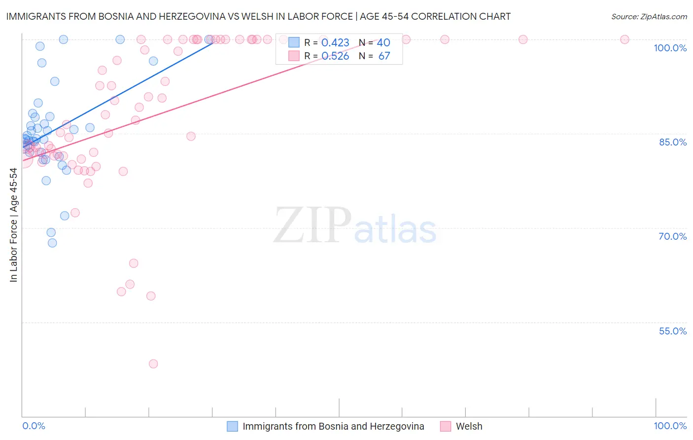 Immigrants from Bosnia and Herzegovina vs Welsh In Labor Force | Age 45-54