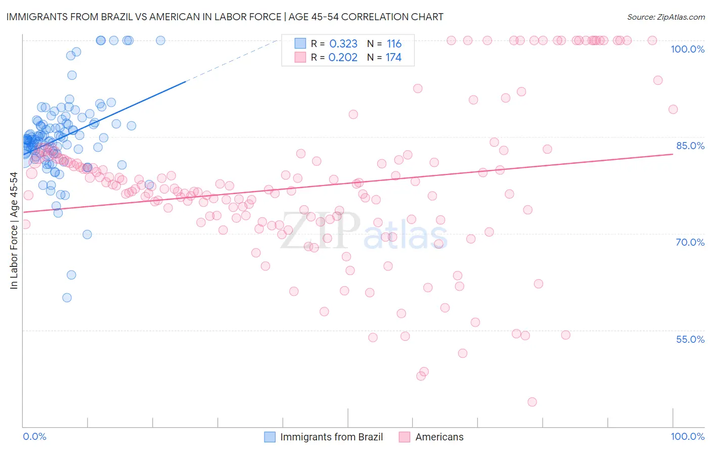 Immigrants from Brazil vs American In Labor Force | Age 45-54