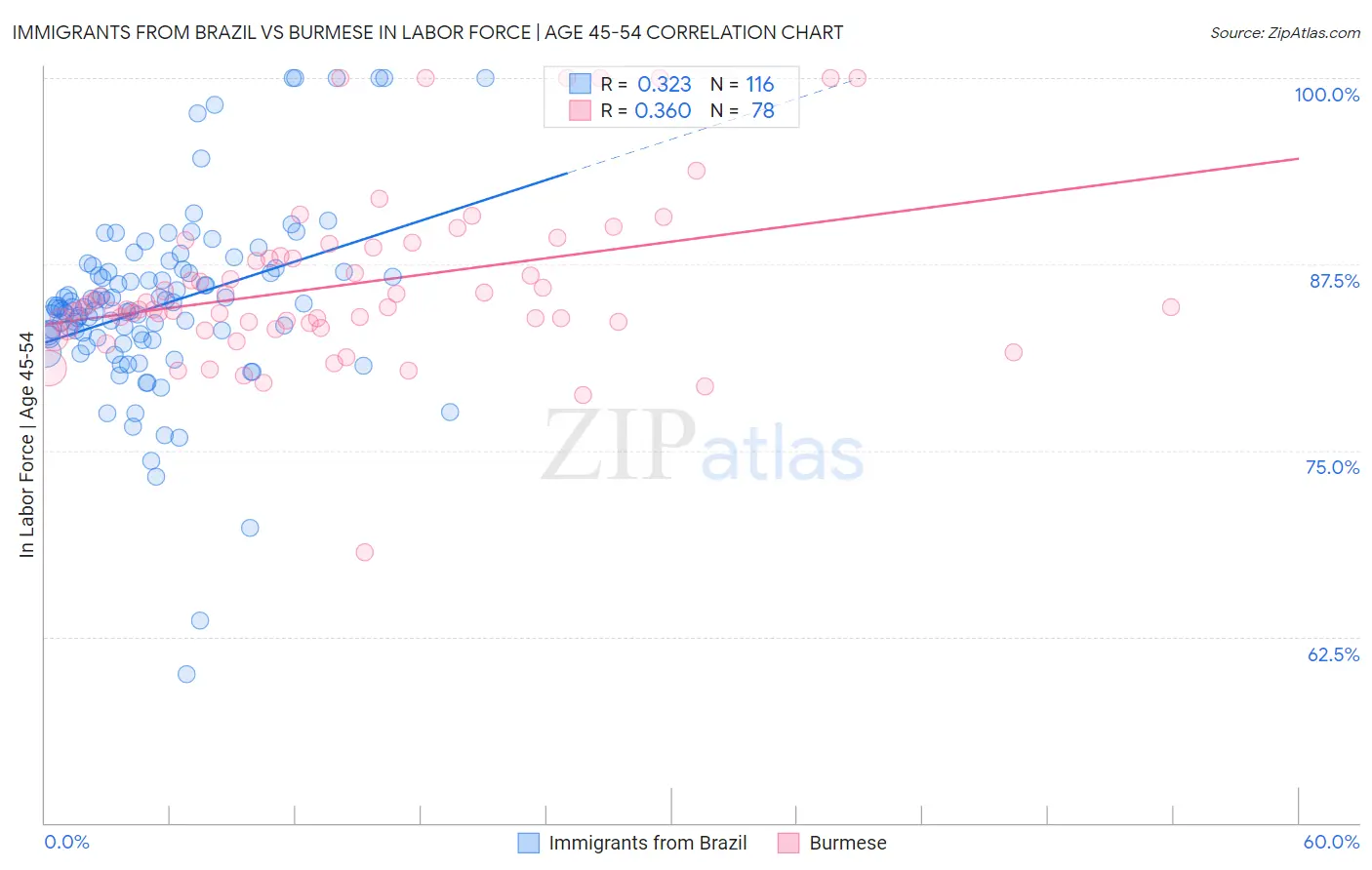 Immigrants from Brazil vs Burmese In Labor Force | Age 45-54