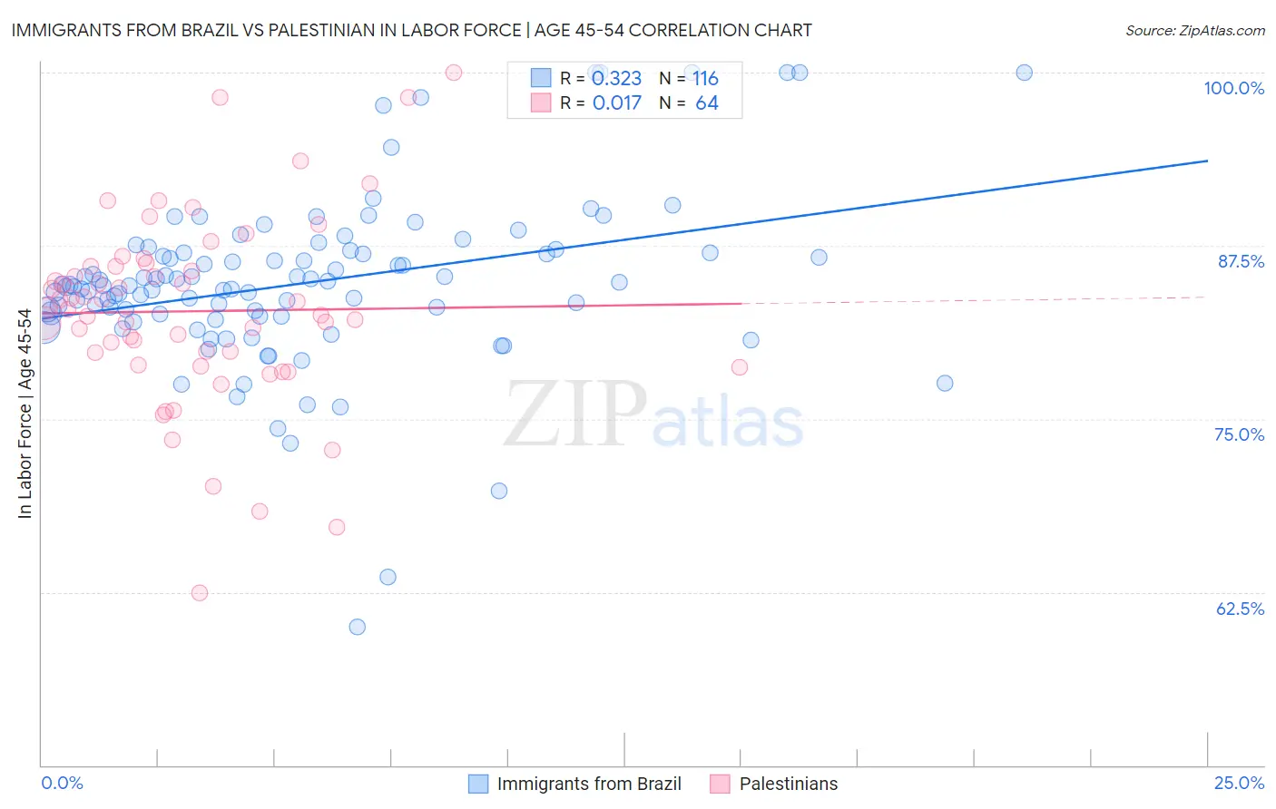 Immigrants from Brazil vs Palestinian In Labor Force | Age 45-54