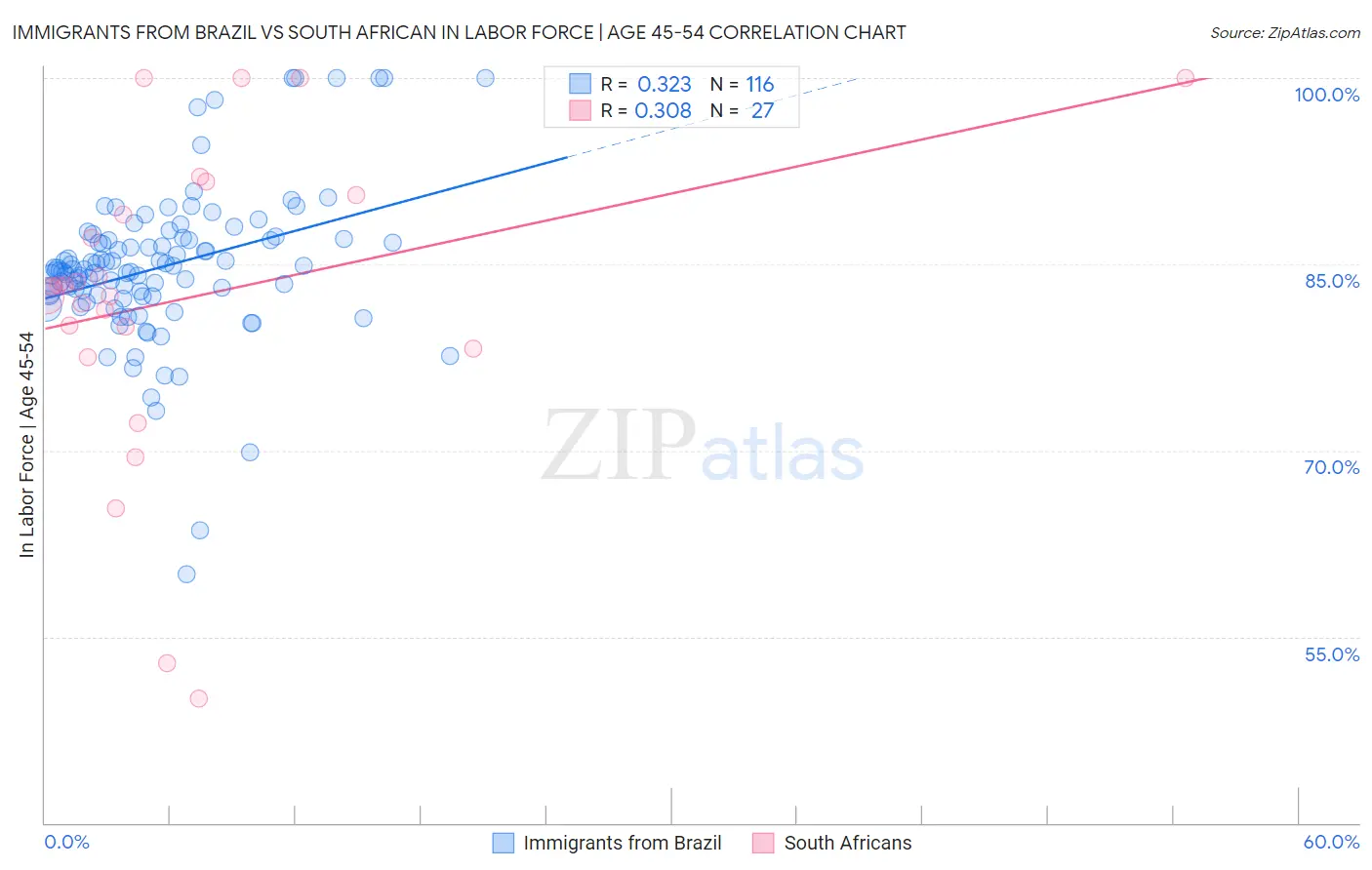 Immigrants from Brazil vs South African In Labor Force | Age 45-54