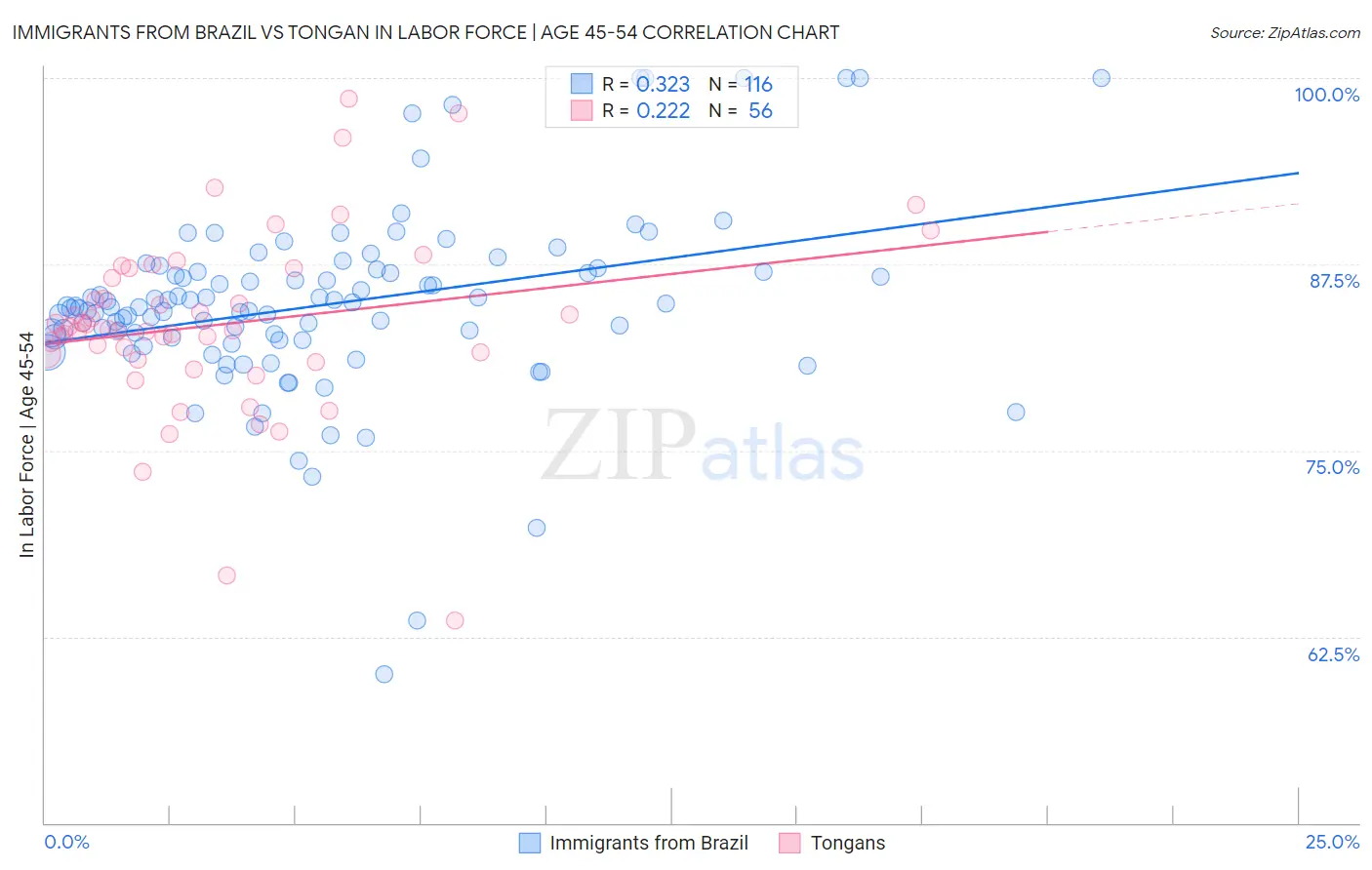 Immigrants from Brazil vs Tongan In Labor Force | Age 45-54