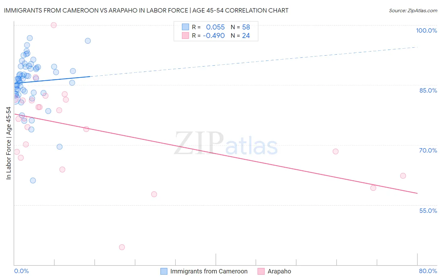 Immigrants from Cameroon vs Arapaho In Labor Force | Age 45-54