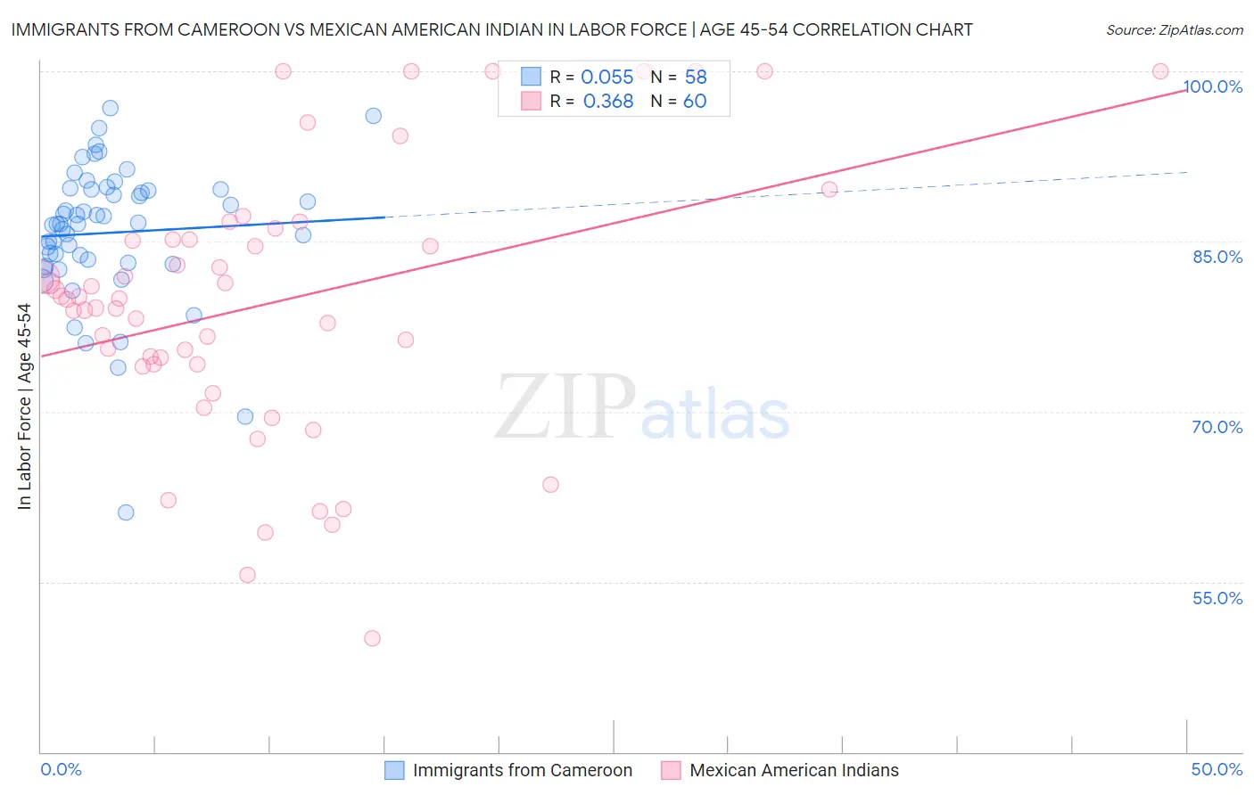 Immigrants from Cameroon vs Mexican American Indian In Labor Force | Age 45-54