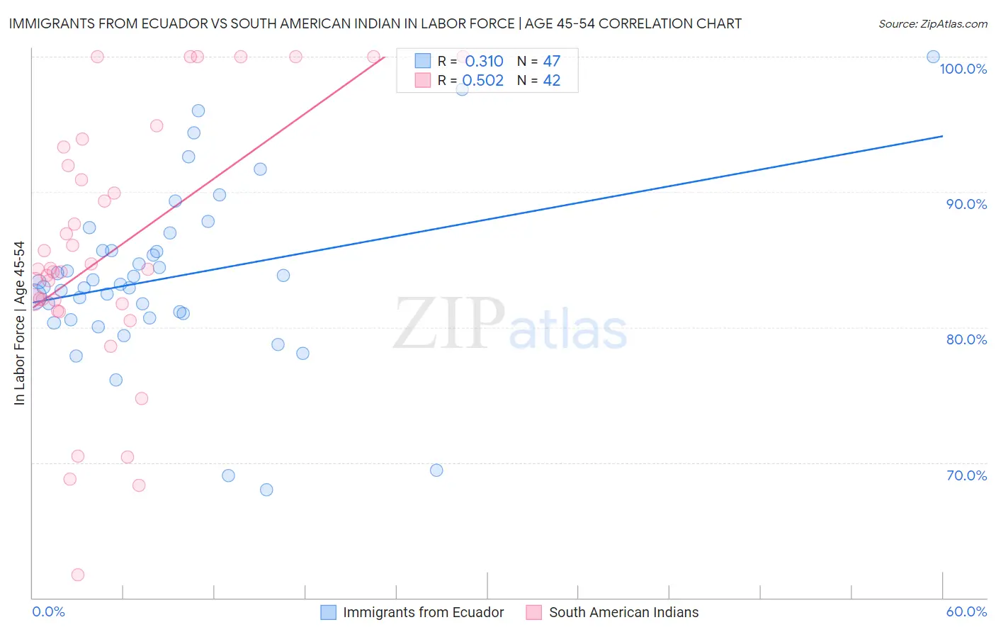 Immigrants from Ecuador vs South American Indian In Labor Force | Age 45-54