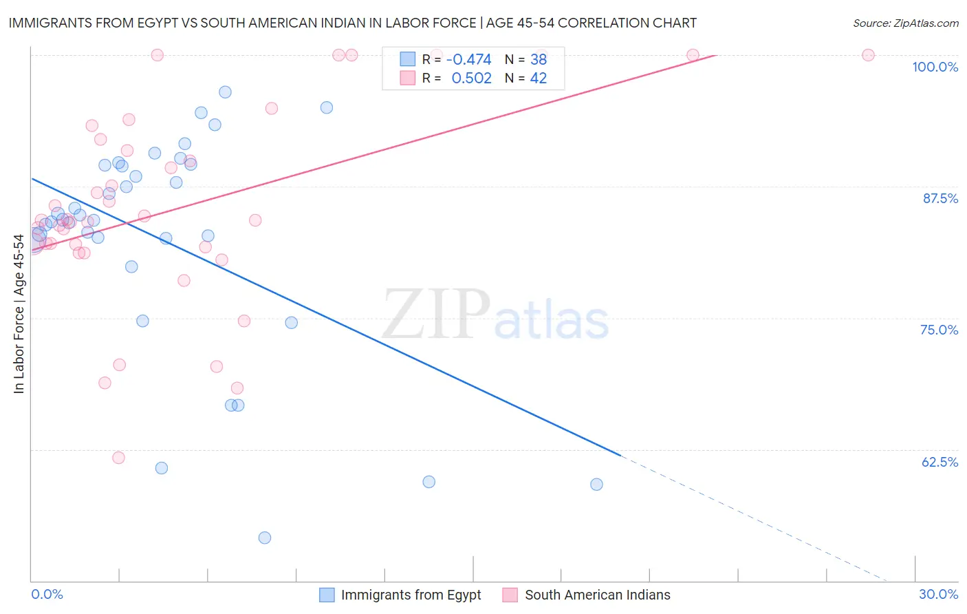 Immigrants from Egypt vs South American Indian In Labor Force | Age 45-54