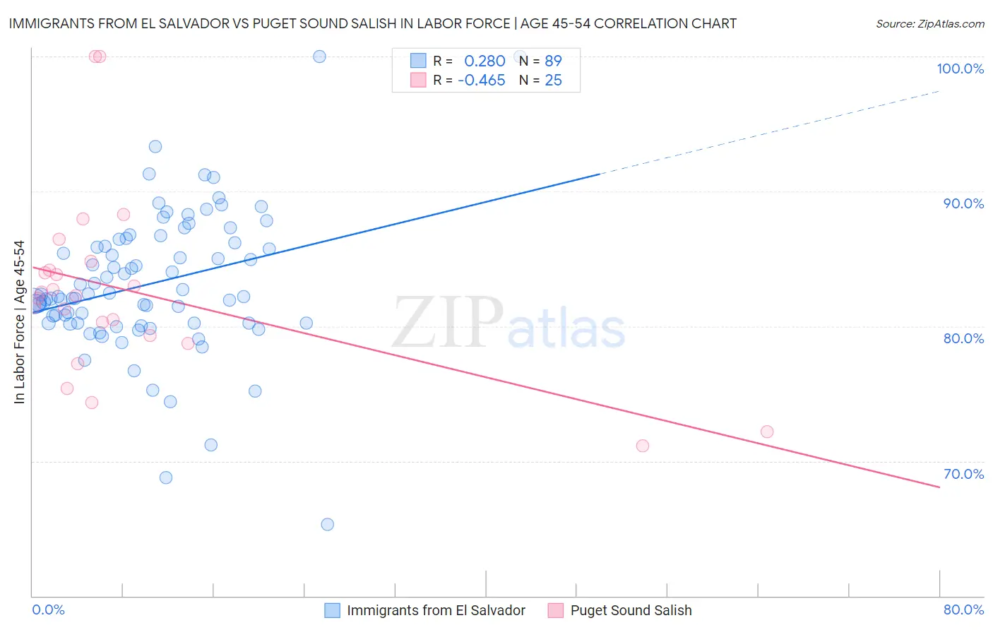 Immigrants from El Salvador vs Puget Sound Salish In Labor Force | Age 45-54