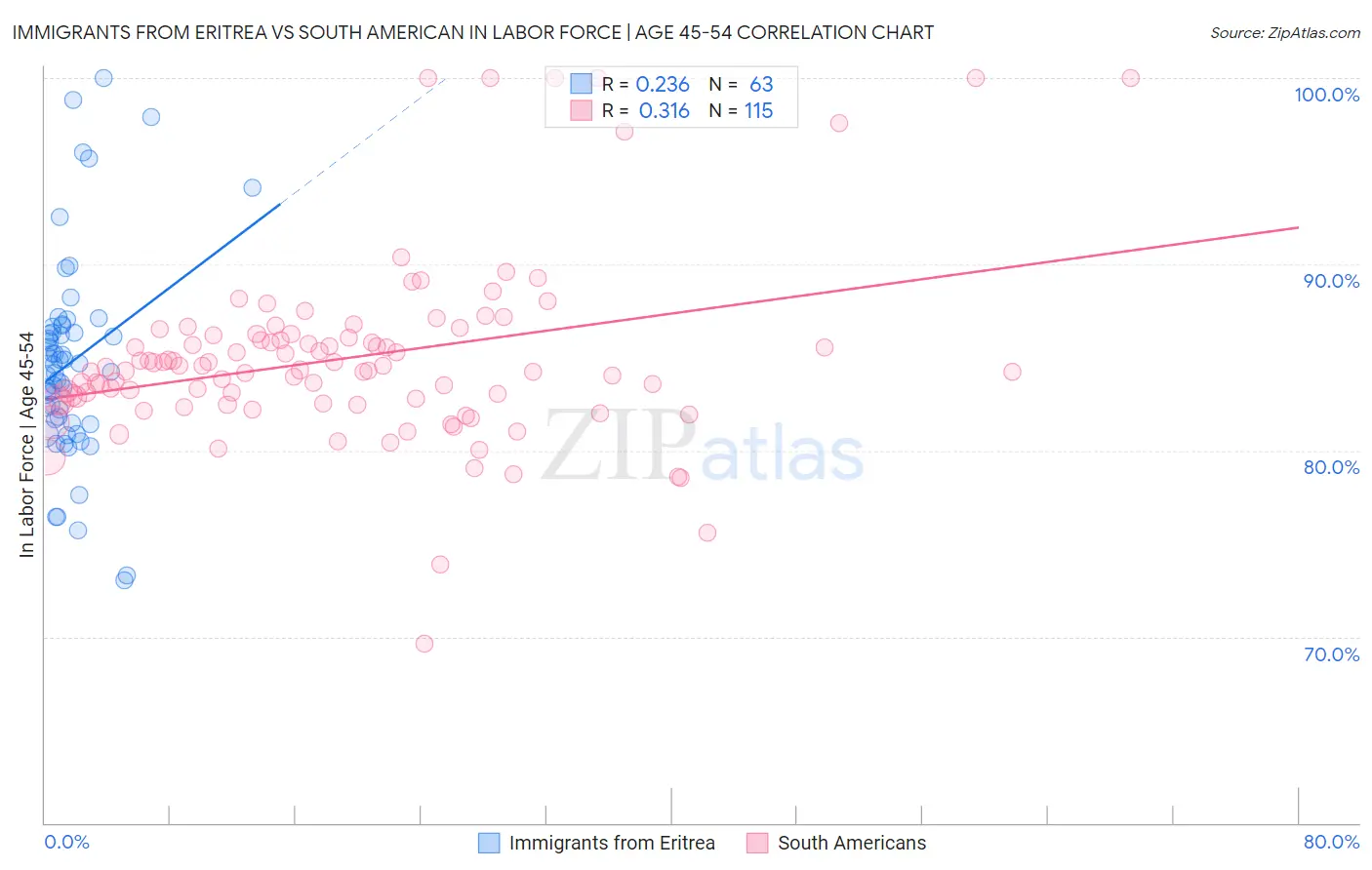 Immigrants from Eritrea vs South American In Labor Force | Age 45-54