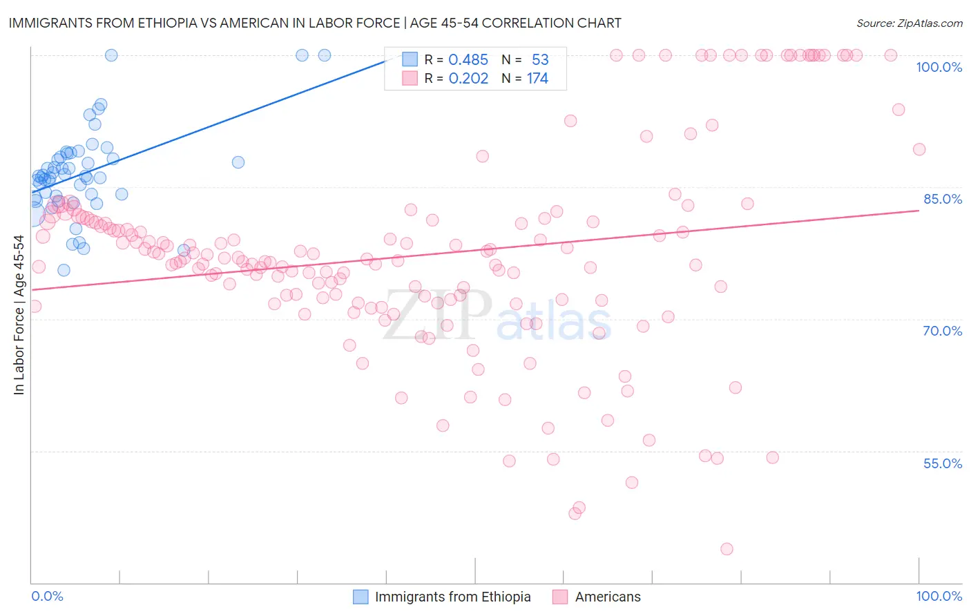 Immigrants from Ethiopia vs American In Labor Force | Age 45-54