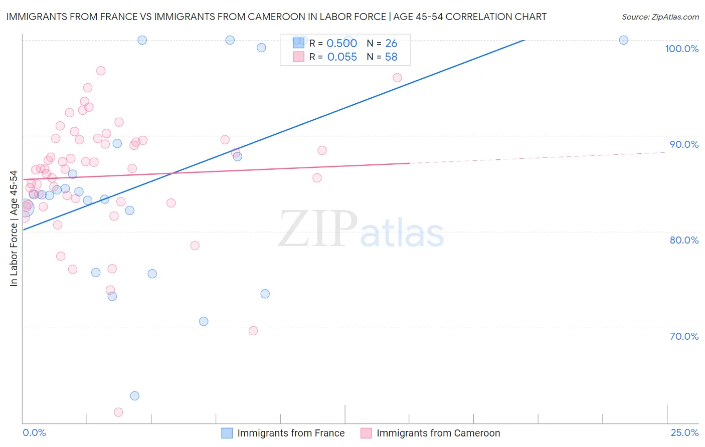 Immigrants from France vs Immigrants from Cameroon In Labor Force | Age 45-54