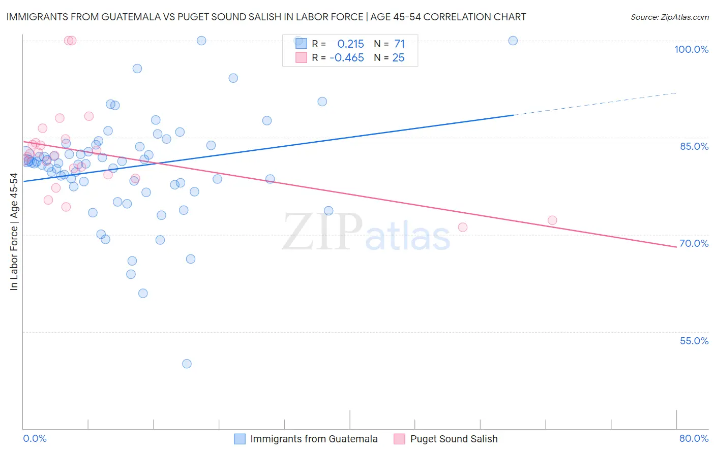 Immigrants from Guatemala vs Puget Sound Salish In Labor Force | Age 45-54