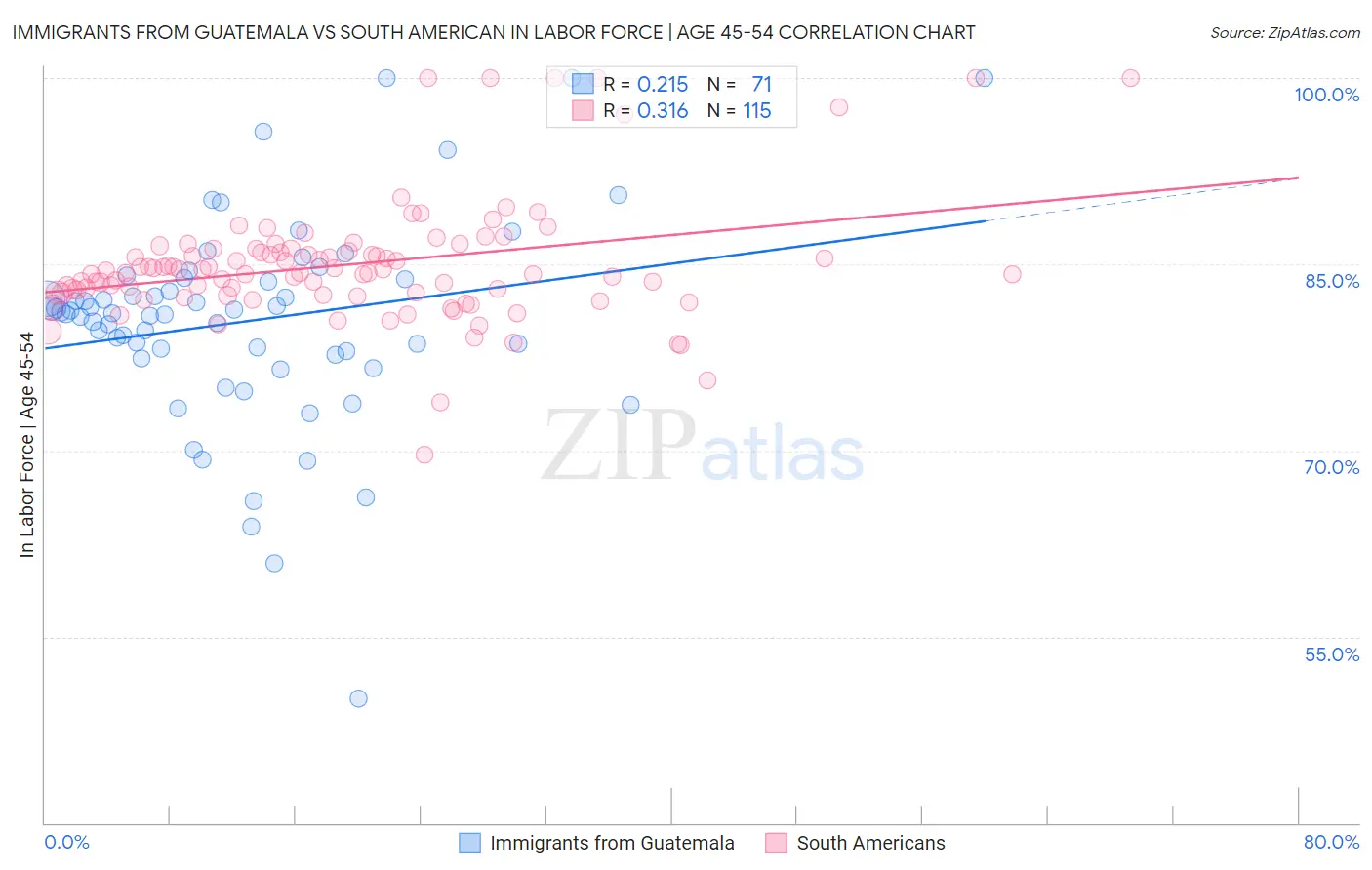 Immigrants from Guatemala vs South American In Labor Force | Age 45-54