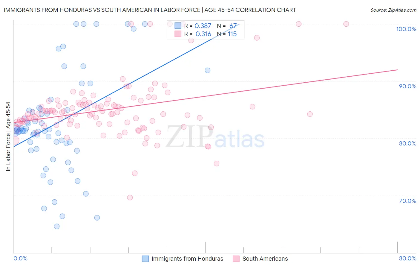 Immigrants from Honduras vs South American In Labor Force | Age 45-54