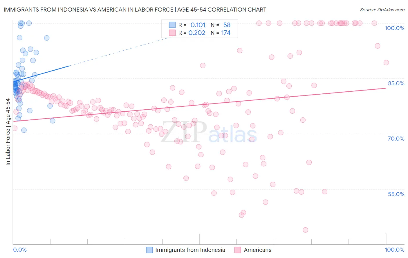 Immigrants from Indonesia vs American In Labor Force | Age 45-54