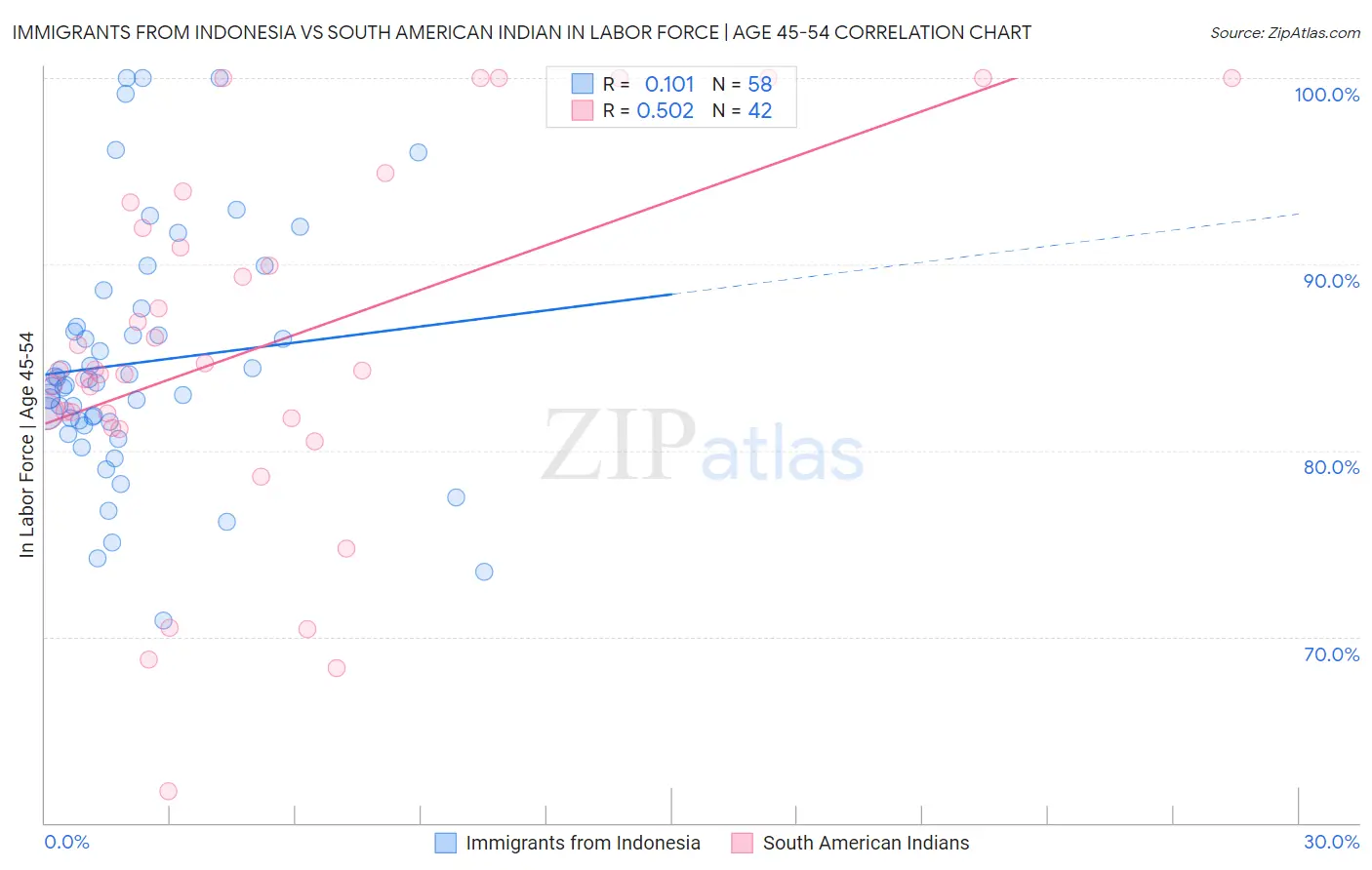 Immigrants from Indonesia vs South American Indian In Labor Force | Age 45-54