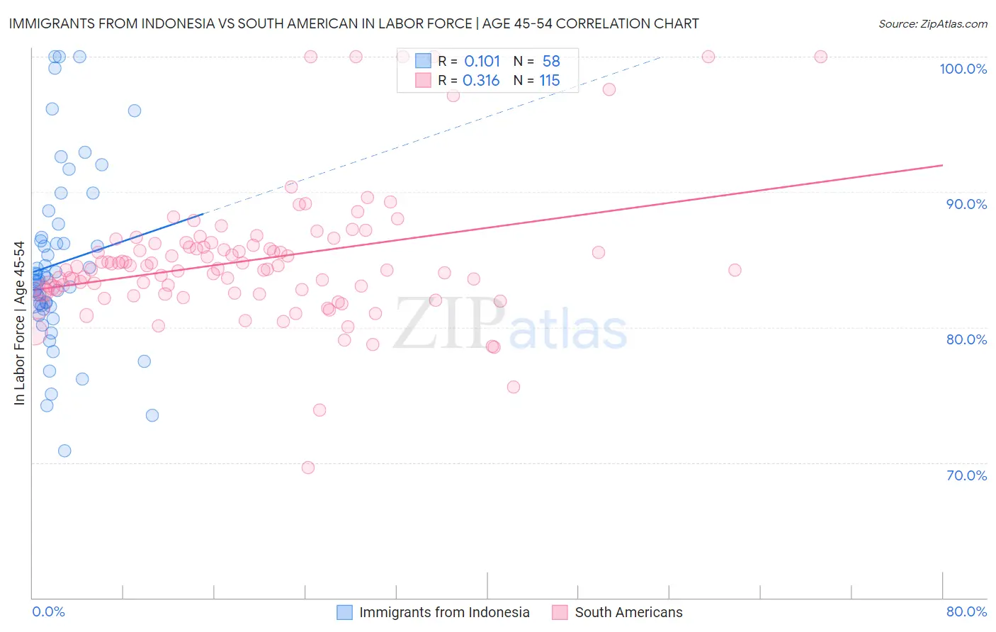 Immigrants from Indonesia vs South American In Labor Force | Age 45-54