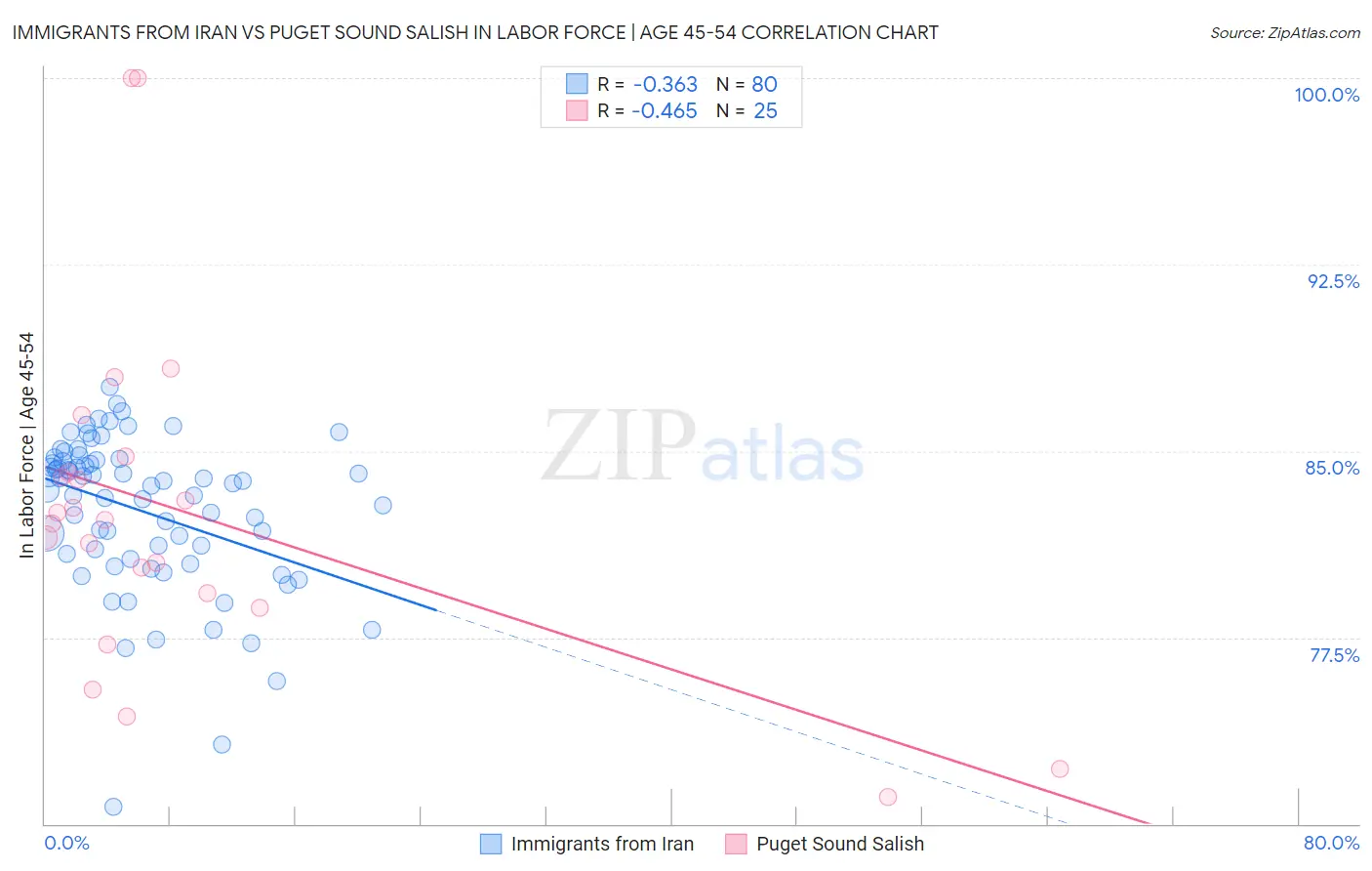 Immigrants from Iran vs Puget Sound Salish In Labor Force | Age 45-54