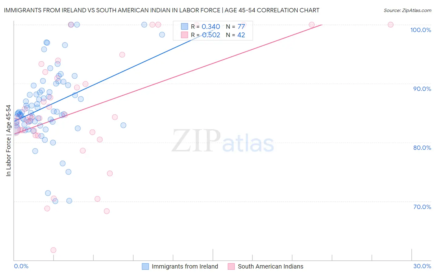 Immigrants from Ireland vs South American Indian In Labor Force | Age 45-54