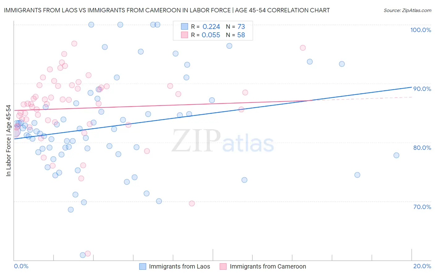 Immigrants from Laos vs Immigrants from Cameroon In Labor Force | Age 45-54