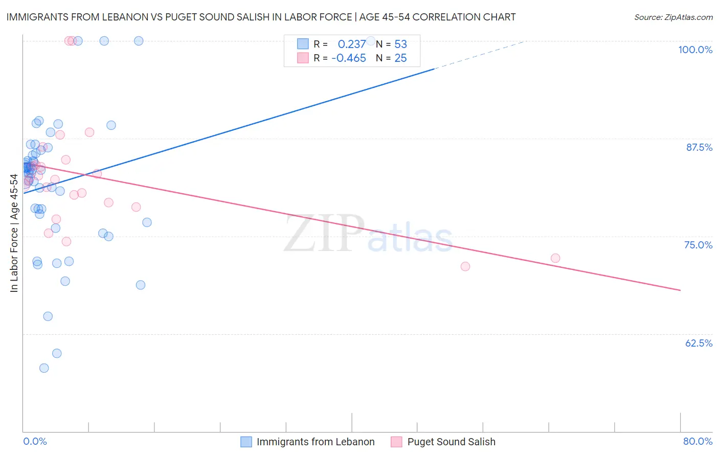 Immigrants from Lebanon vs Puget Sound Salish In Labor Force | Age 45-54