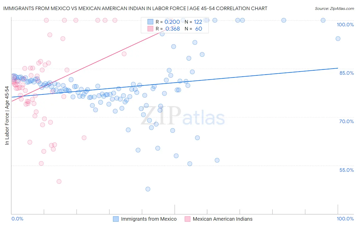 Immigrants from Mexico vs Mexican American Indian In Labor Force | Age 45-54