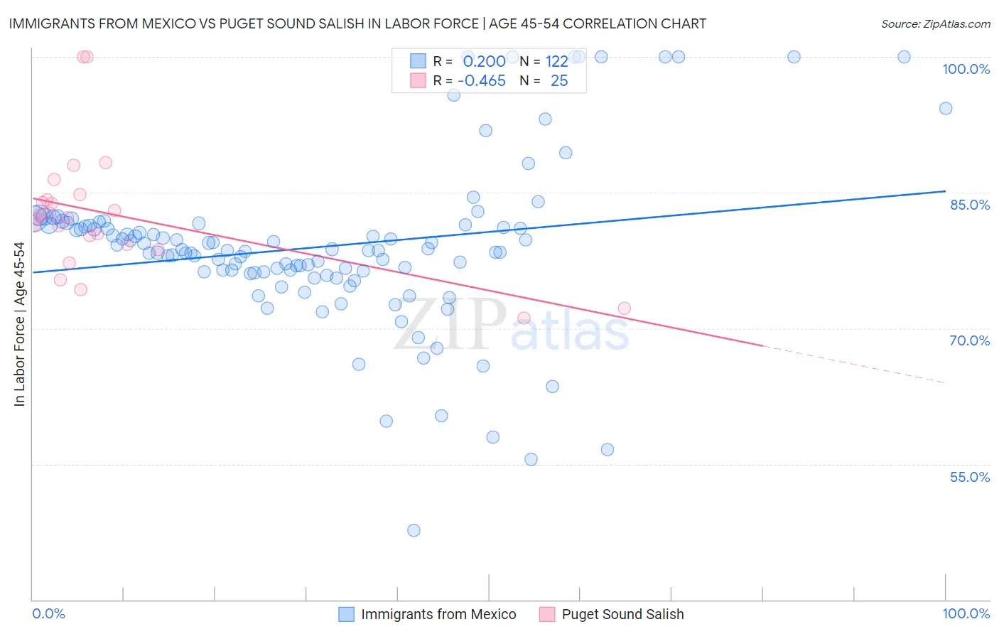 Immigrants from Mexico vs Puget Sound Salish In Labor Force | Age 45-54