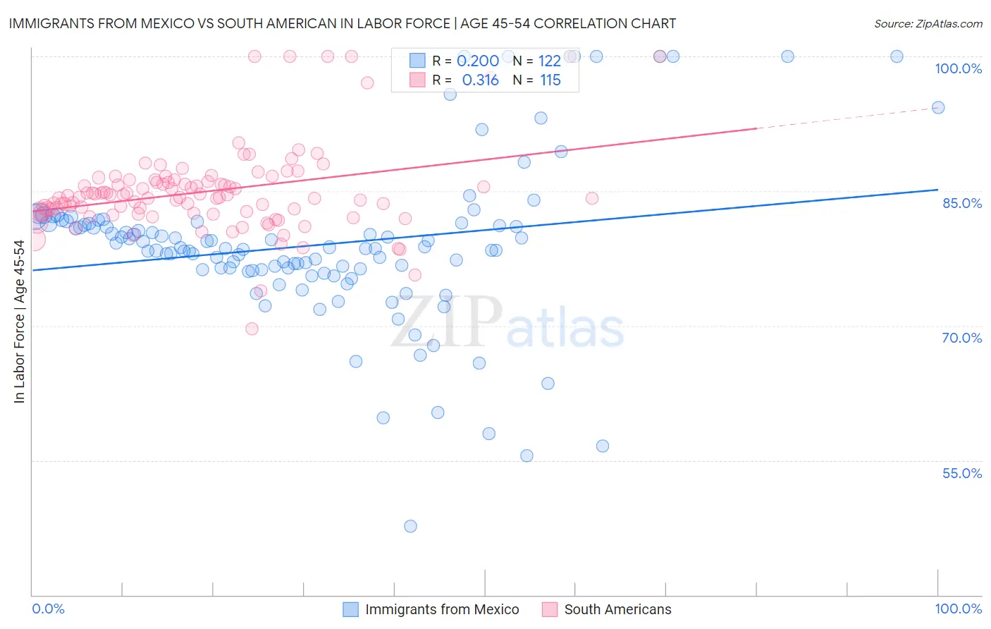 Immigrants from Mexico vs South American In Labor Force | Age 45-54