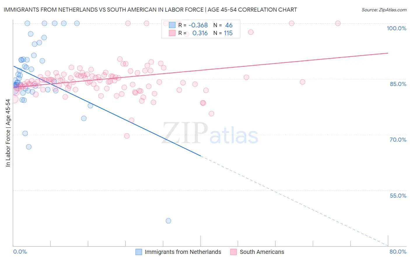 Immigrants from Netherlands vs South American In Labor Force | Age 45-54