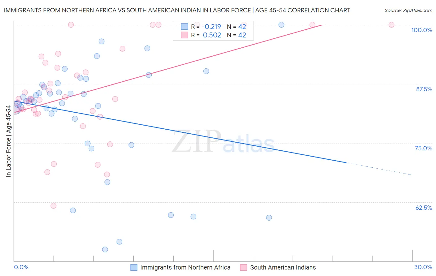 Immigrants from Northern Africa vs South American Indian In Labor Force | Age 45-54