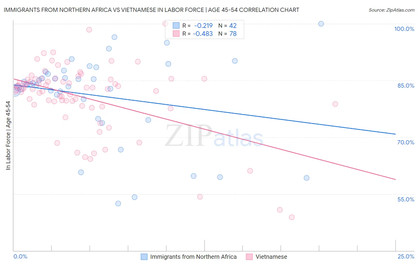 Immigrants from Northern Africa vs Vietnamese In Labor Force | Age 45-54