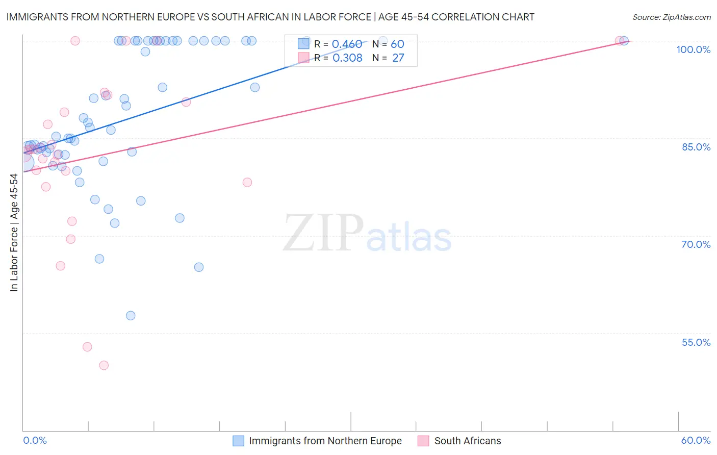 Immigrants from Northern Europe vs South African In Labor Force | Age 45-54