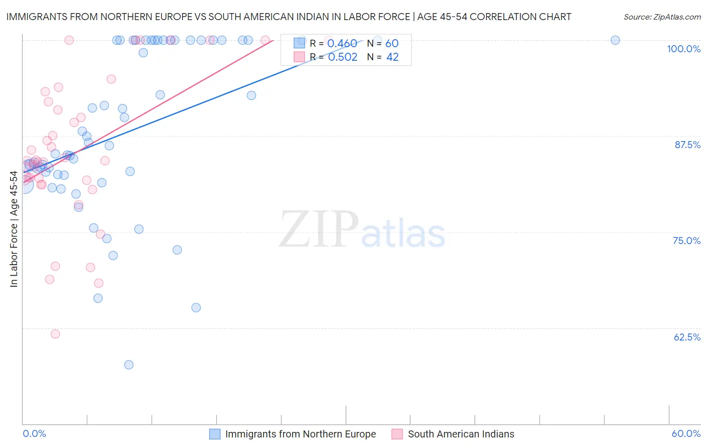 Immigrants from Northern Europe vs South American Indian In Labor Force | Age 45-54