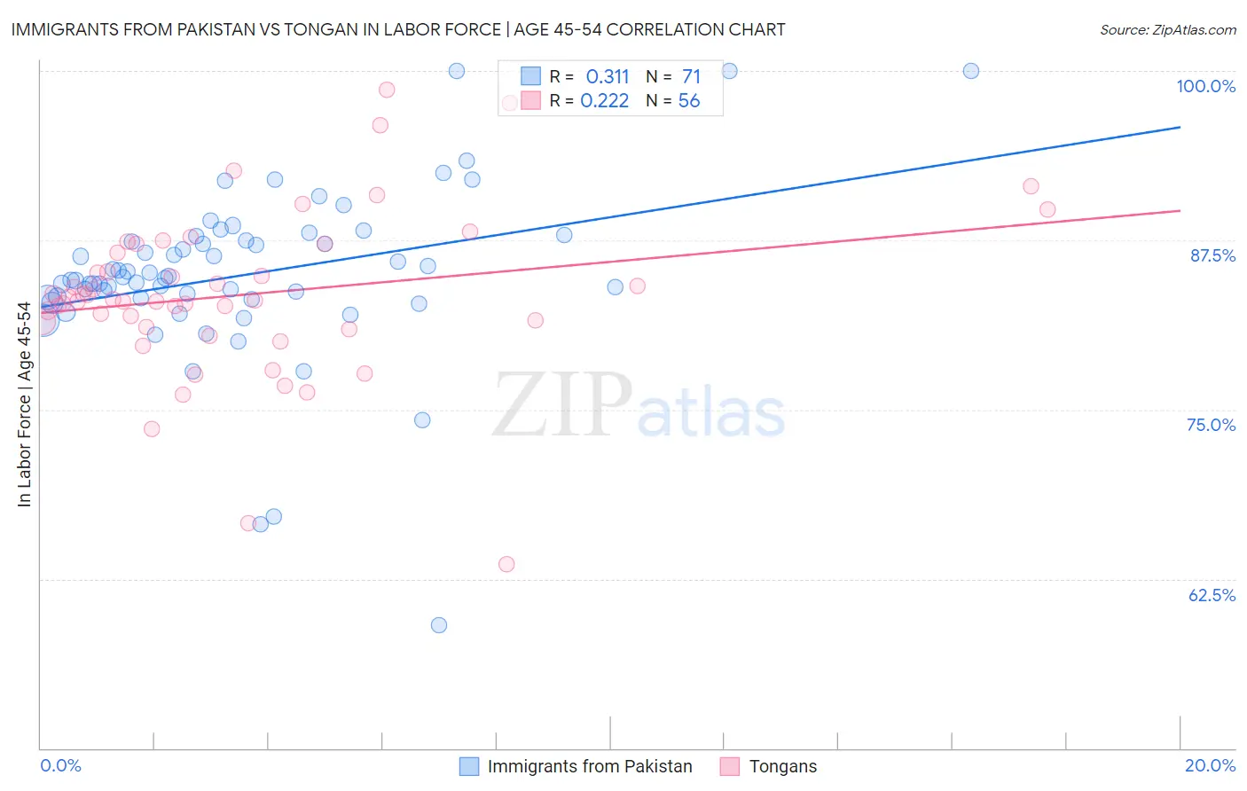 Immigrants from Pakistan vs Tongan In Labor Force | Age 45-54